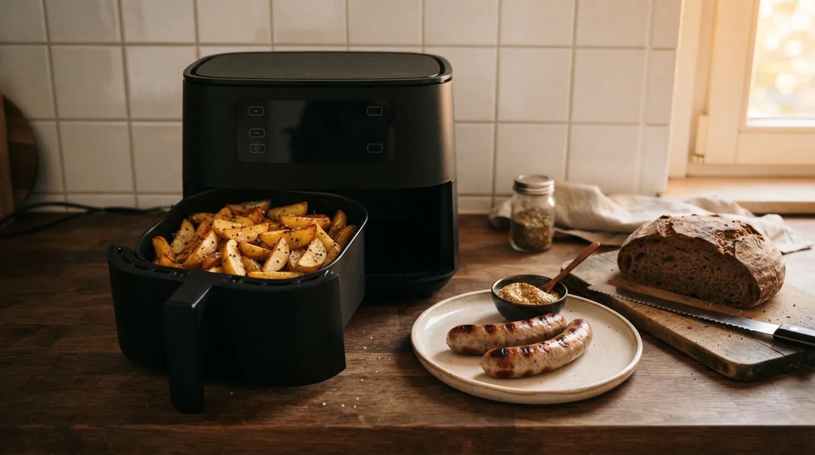 Eine schwarze Heißluftfritteuse mit herausgezogenem Korb voller Kartoffelspalten, daneben Bratwürste mit Senf und ein Bauernbrot