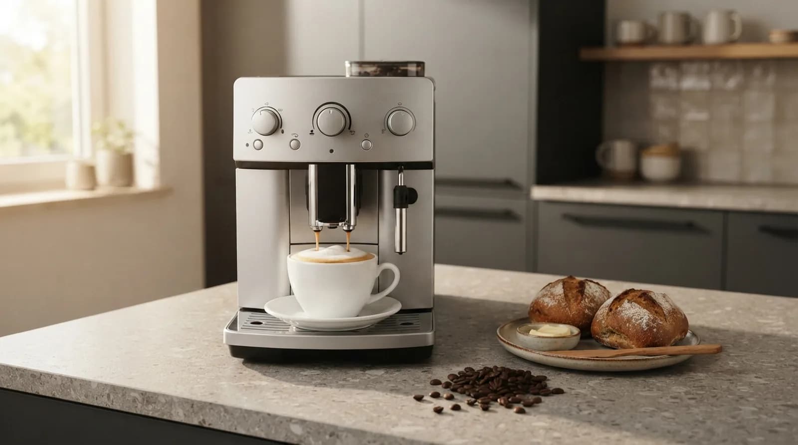 Ein silberner Kaffeevollautomat bereitet einen Cappuccino zu, daneben Brötchen mit Butter und Kaffeebohnen auf der Arbeitsplatte