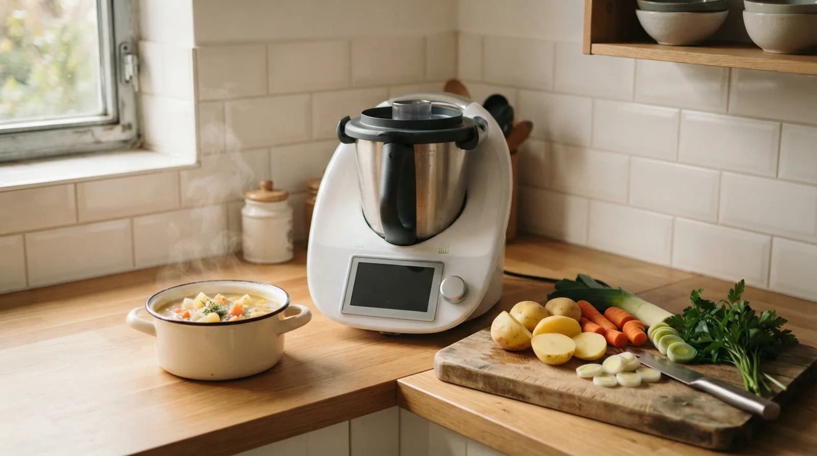 Eine weiße Küchenmaschine mit Edelstahltopf auf einer Holzarbeitsplatte, daneben ein Topf Kartoffelsuppe und geschnittenes Gemüse