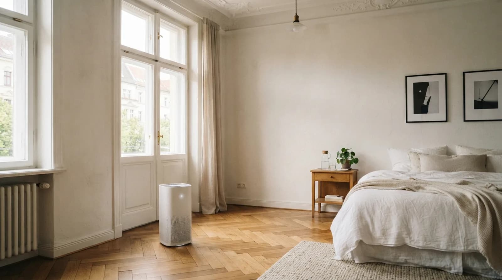 Ein weißer Luftreiniger auf Fischgrätparkett in einem hellen Altbau-Schlafzimmer mit hohen Fenstern