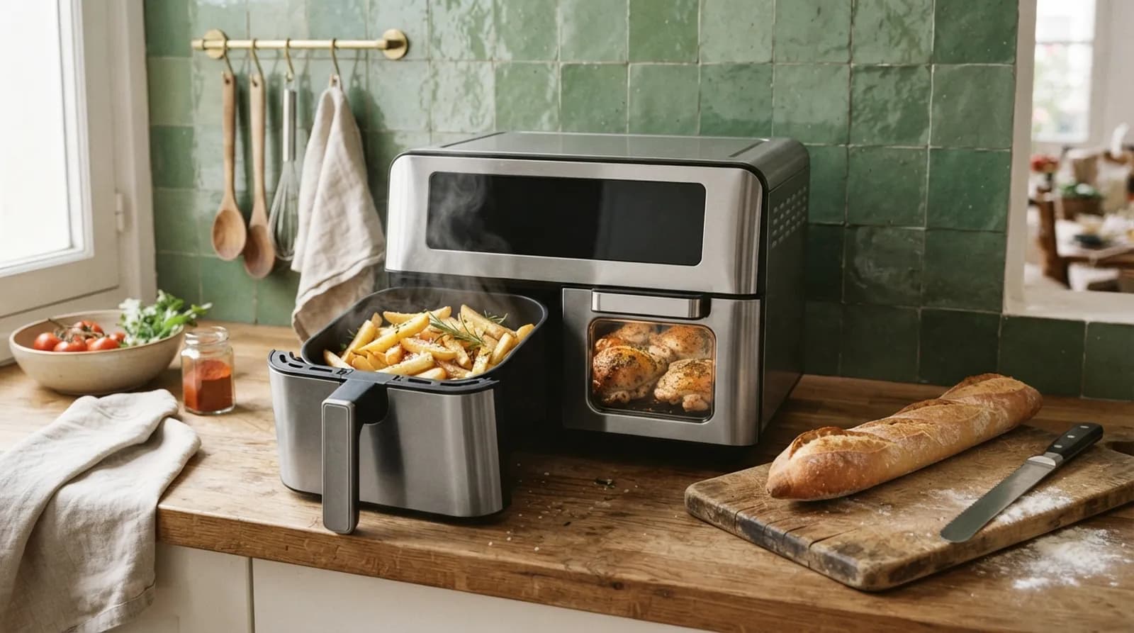 Une friteuse sans huile à double panier sur un plan de travail, avec des frites maison et une baguette