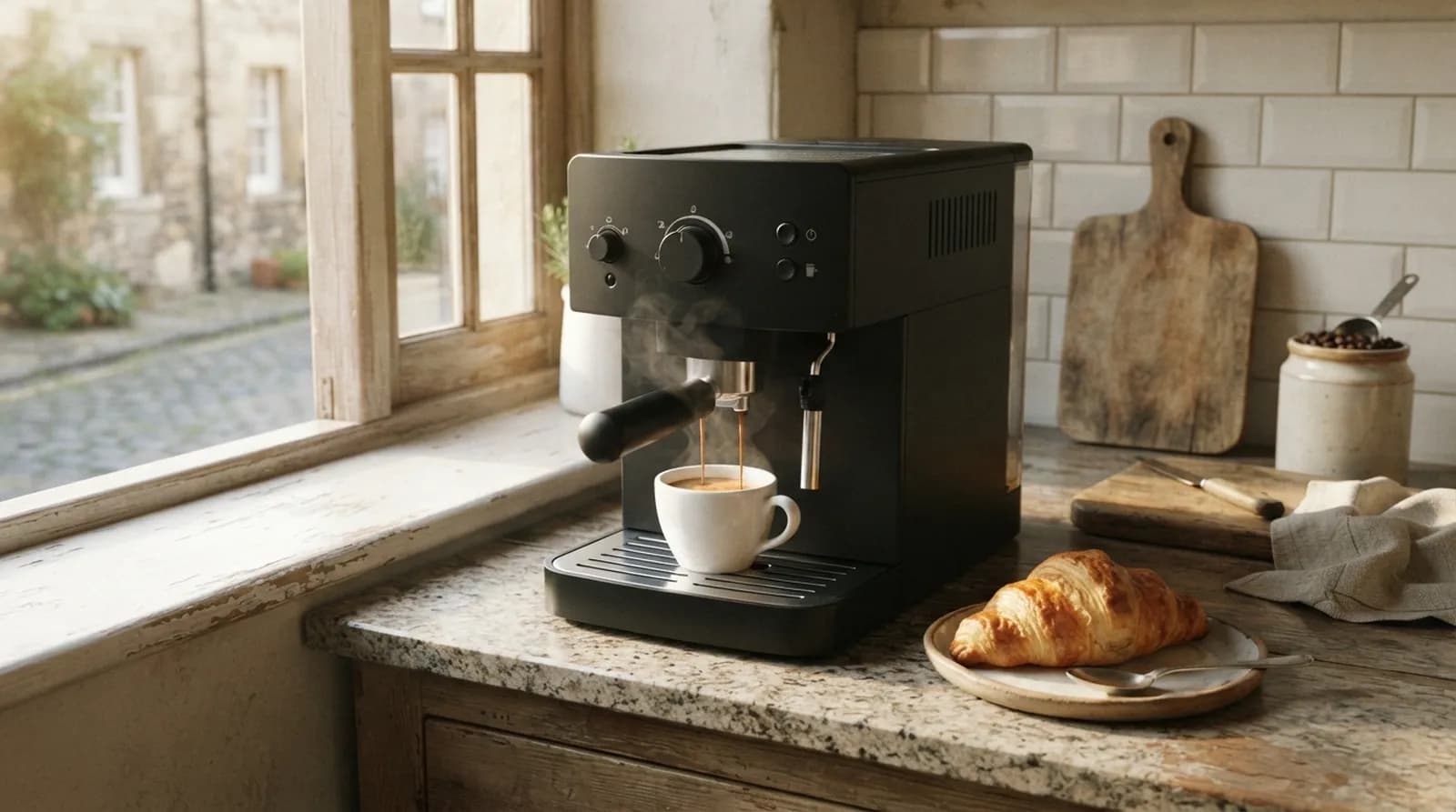 Une machine à café à grain qui coule un espresso à côté d'un croissant