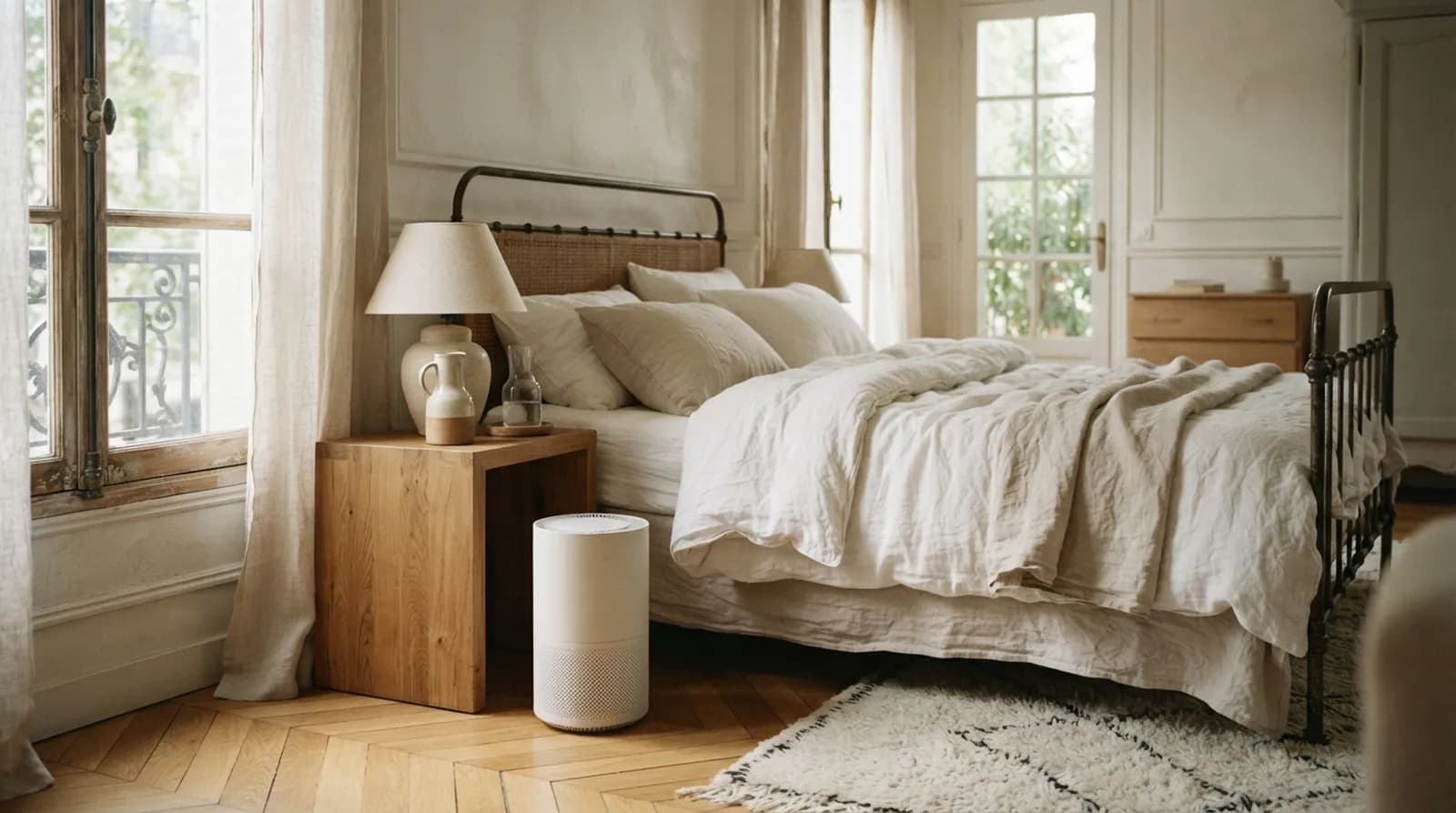 Un purificateur d'air cylindrique dans une chambre au linge de lit en lin et au parquet de chêne
