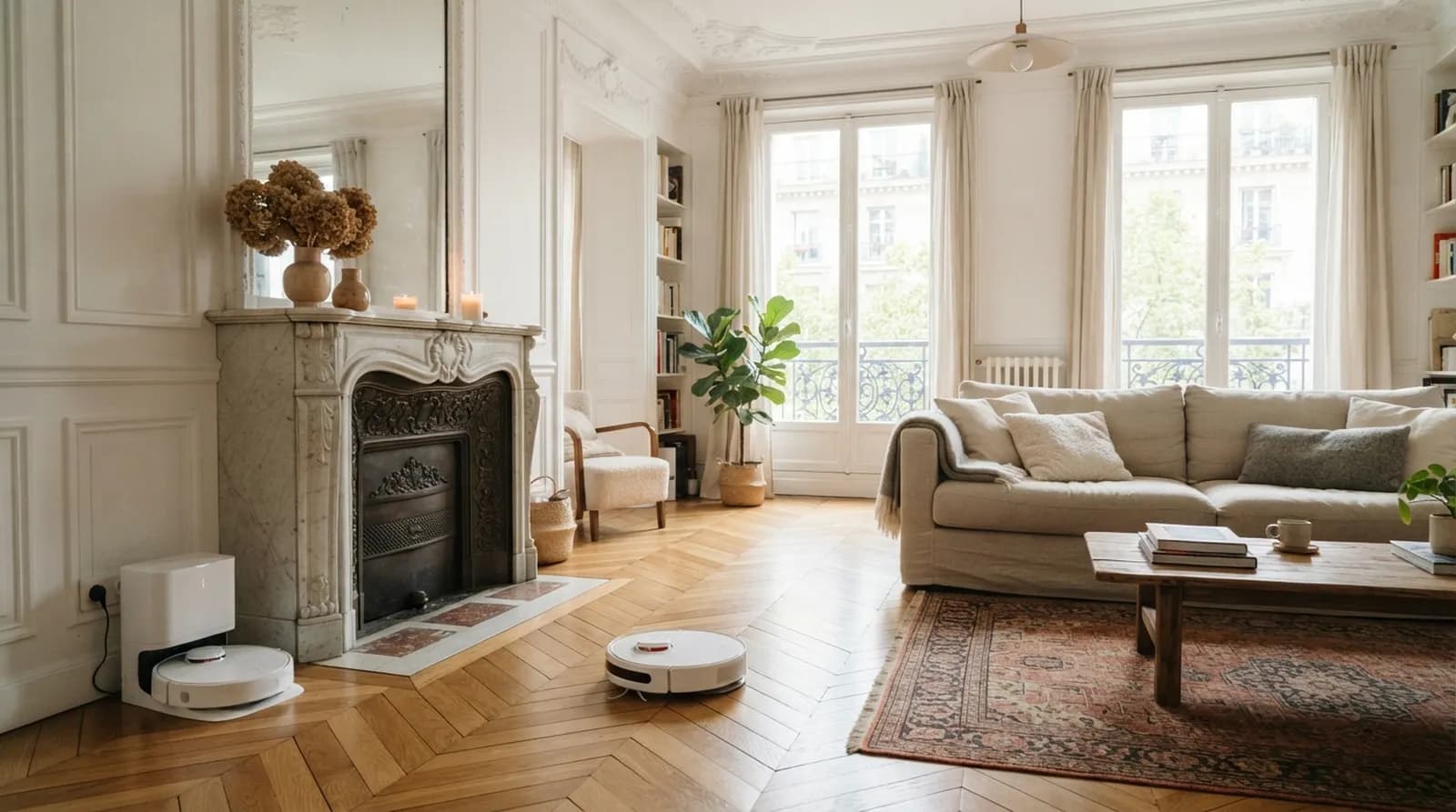 Un robot aspirateur blanc nettoyant un parquet en point de Hongrie dans un salon parisien