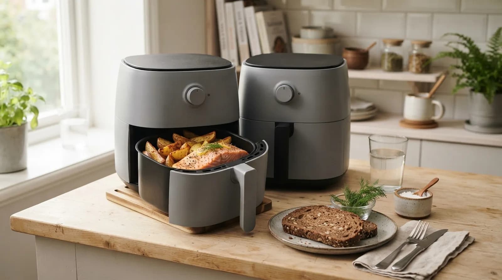En airfryer på en köksbänk i ljust trä med klyftpotatis och lax