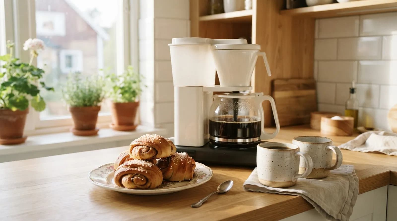 En kaffebryggare med full glaskanna på en köksbänk bredvid kanelbullar