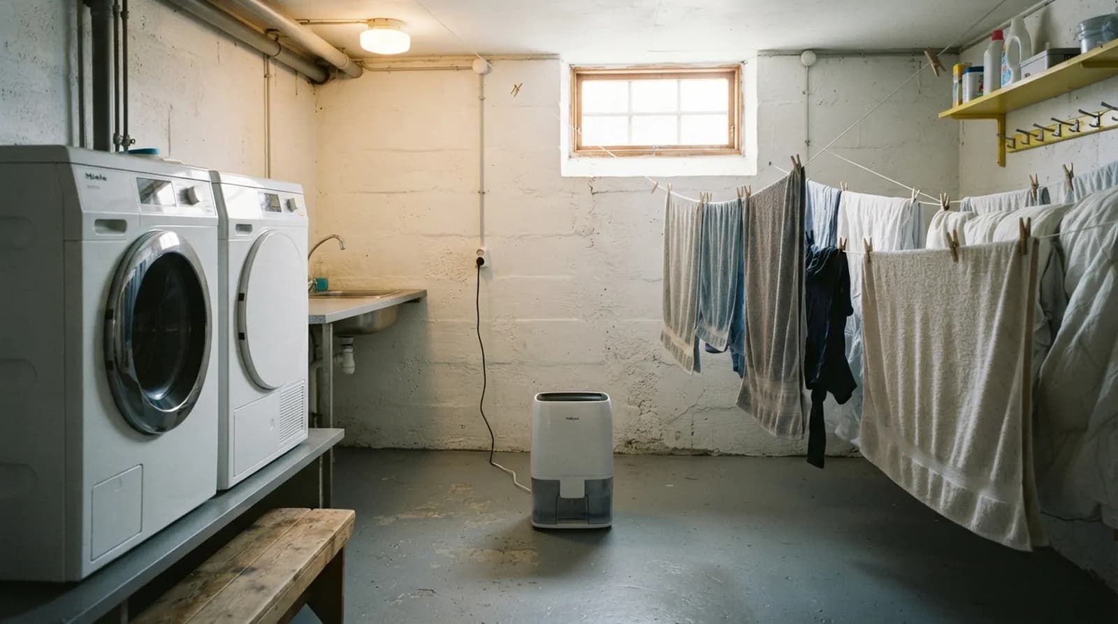 En avfuktare i en källartvättstuga med tvättmaskin och tvätt på tork