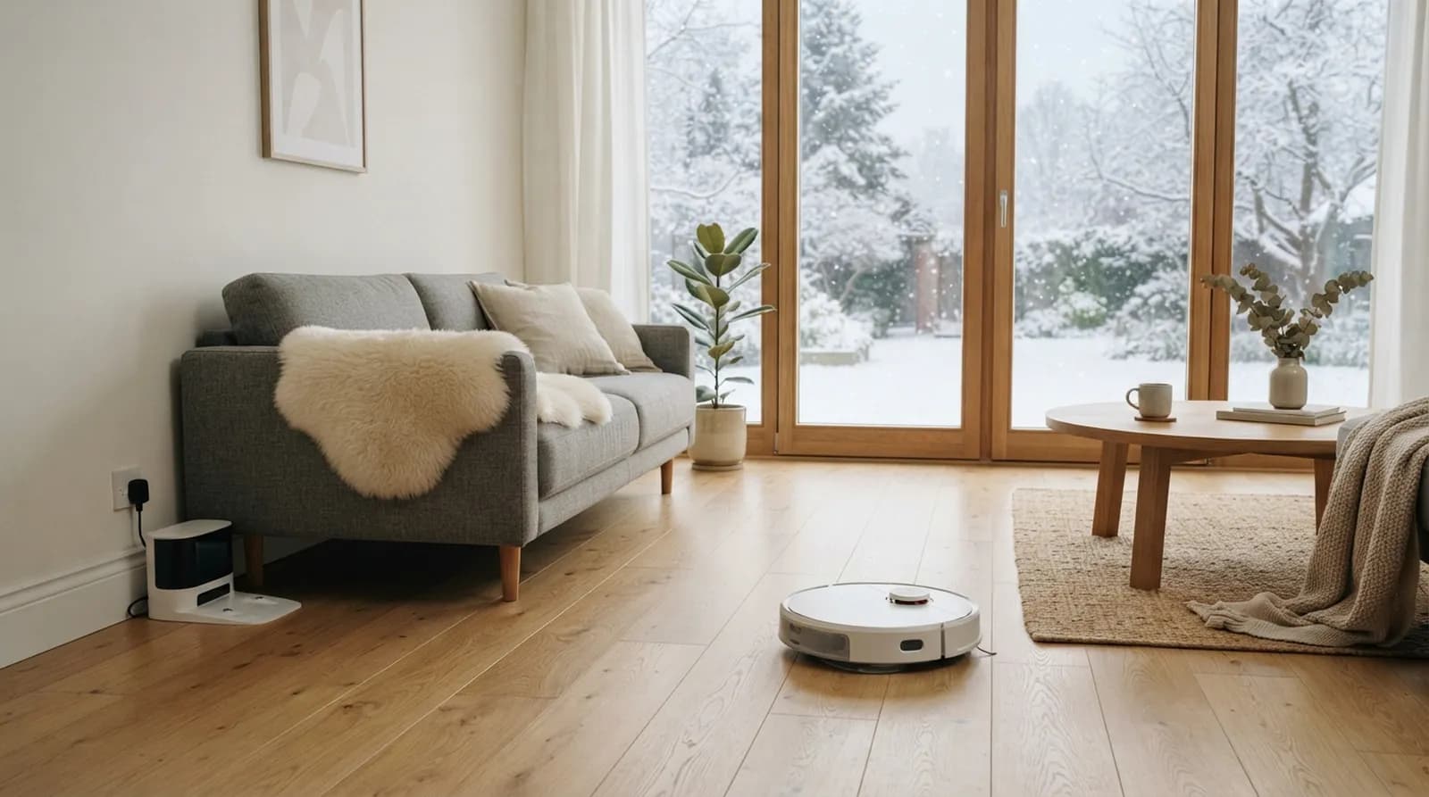 En robotdammsugare på ljust ekgolv i ett skandinaviskt vardagsrum med snö utanför fönstret