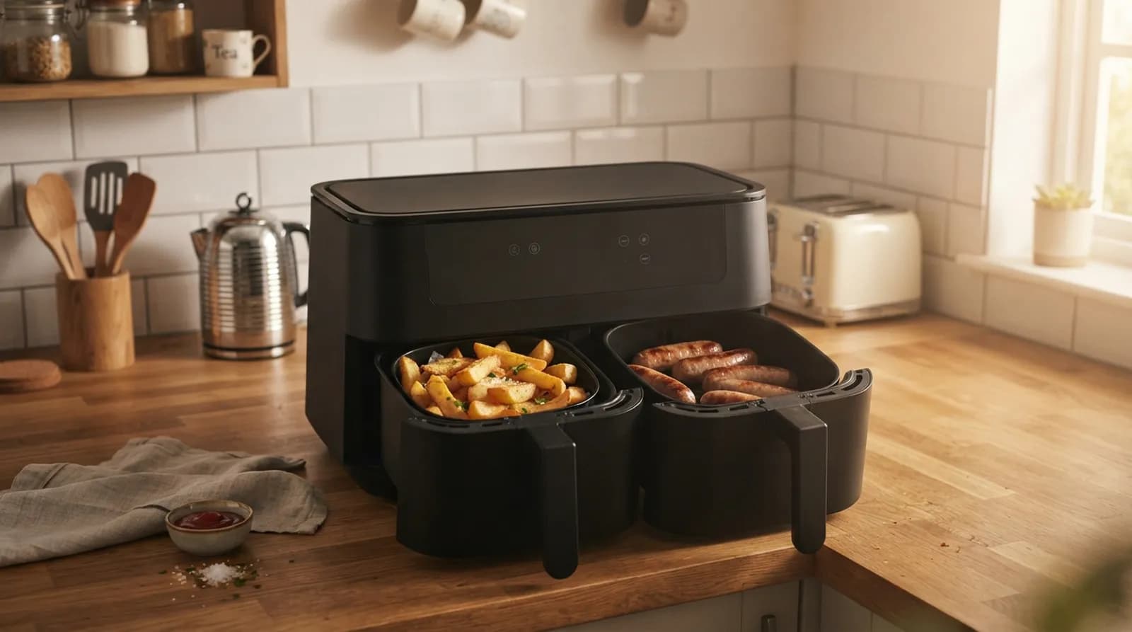 A dual-drawer air fryer on a kitchen worktop with chips in one drawer and sausages in the other