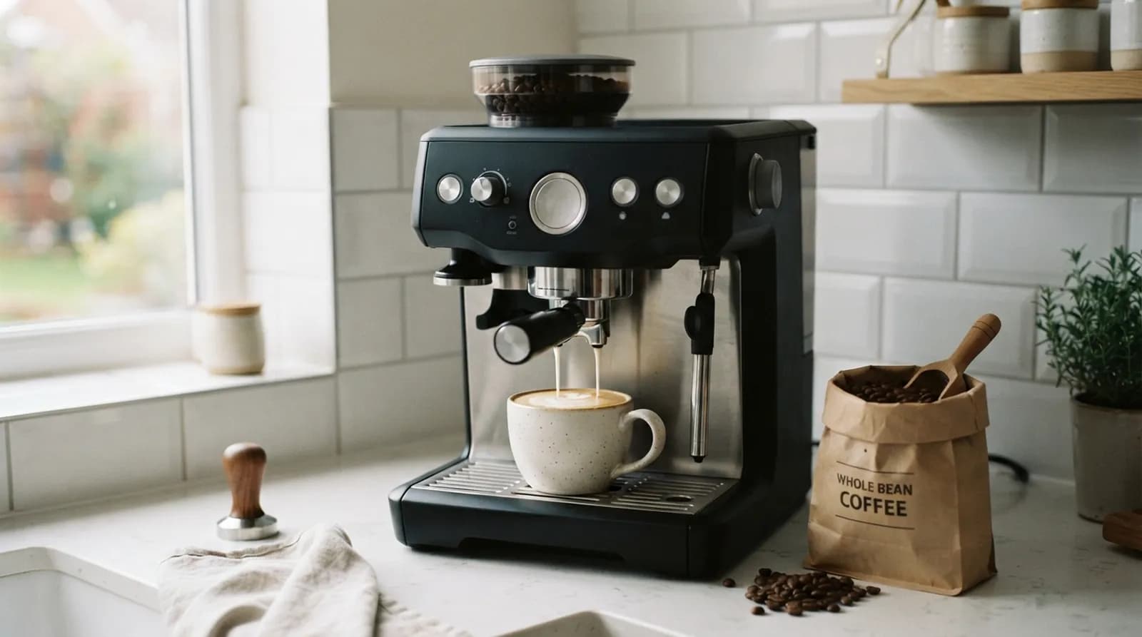 A bean-to-cup coffee machine pouring a flat white on a kitchen worktop