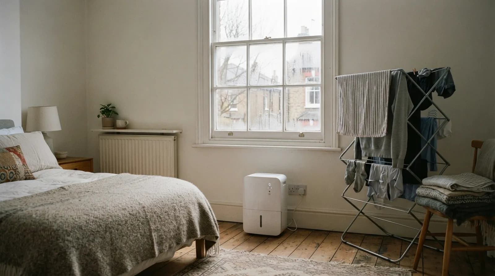 A white dehumidifier in a bedroom beneath a sash window with condensation, laundry drying nearby