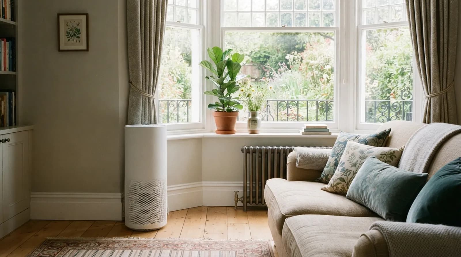 A tall white air purifier beside a bay window in a living room
