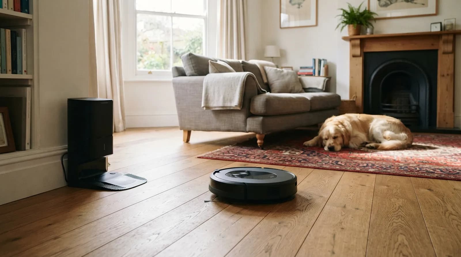 A robot vacuum crossing oak floorboards in a living room, its dock against the skirting board
