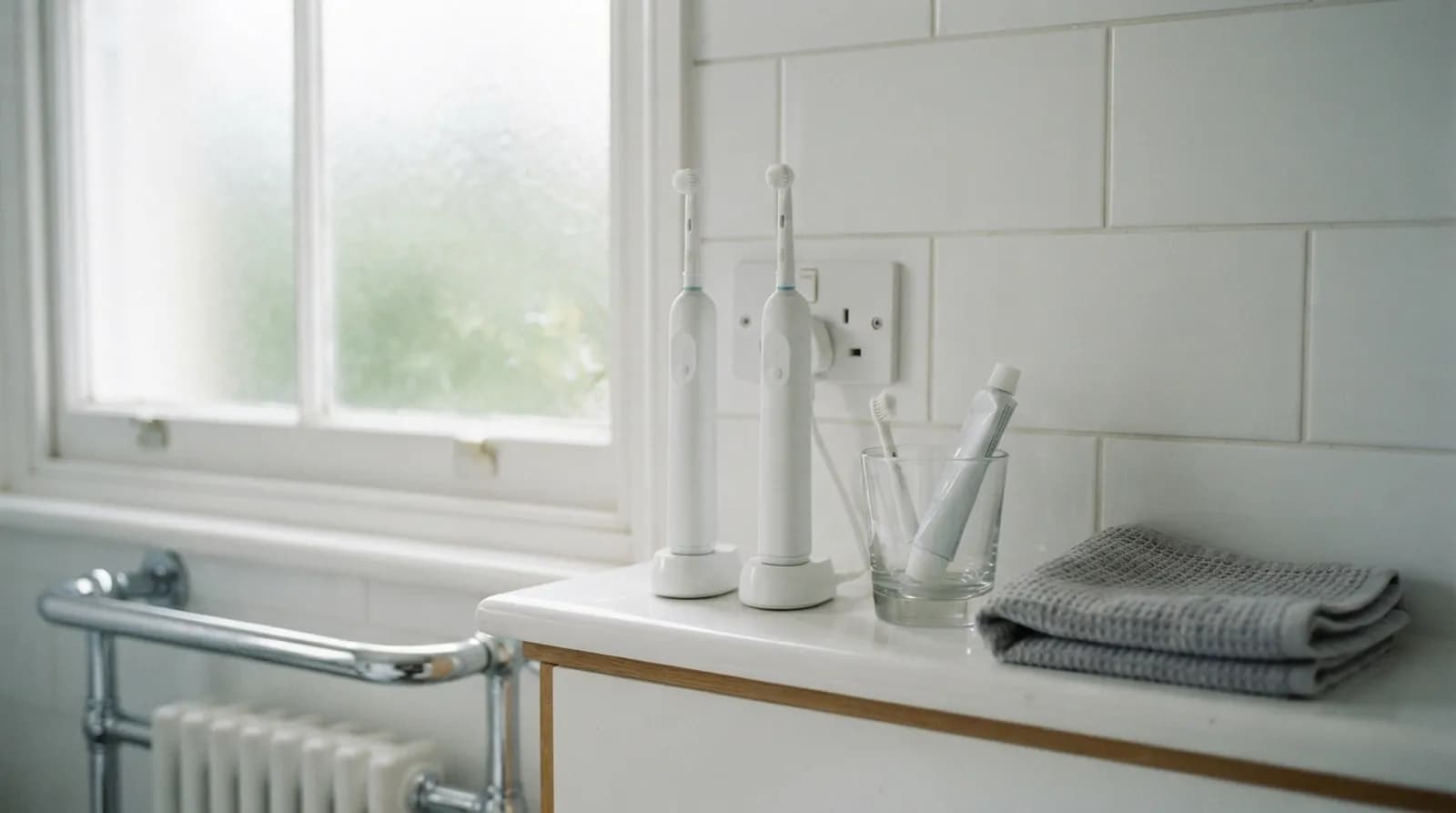 Two electric toothbrushes on charging stands on a bathroom shelf