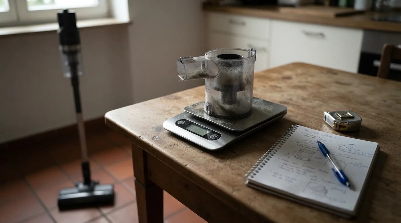 Ein Staubbehälter mit Staub, Hundehaaren und Sand auf einer Küchenwaage, daneben ein Notizbuch, der Vekto Stick steht von alleine