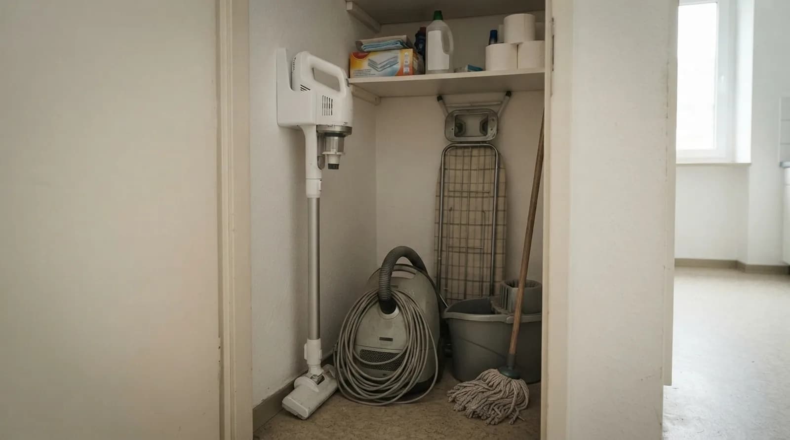 Eine Abstellkammer mit einem alten Bodenstaubsauger mit Kabel, Eimer, Wischmopp und einem Akkusauger an der Wand