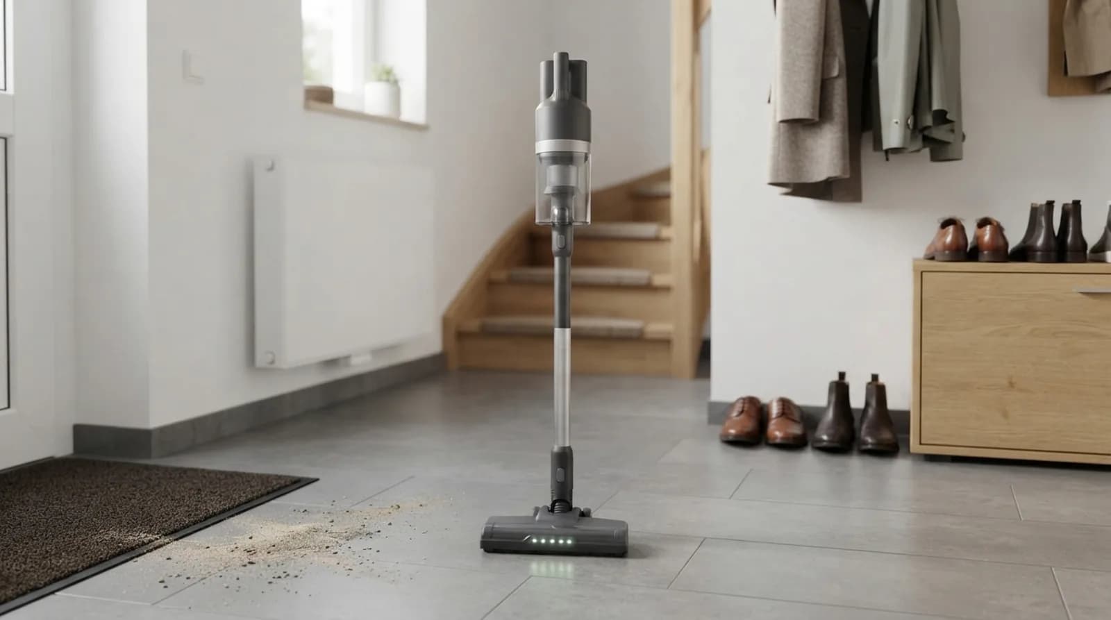 Der Vekto Stick steht von alleine in einem Flur mit Fliesen, Sand an der Fußmatte, die LEDs leuchten, dahinter die Treppe