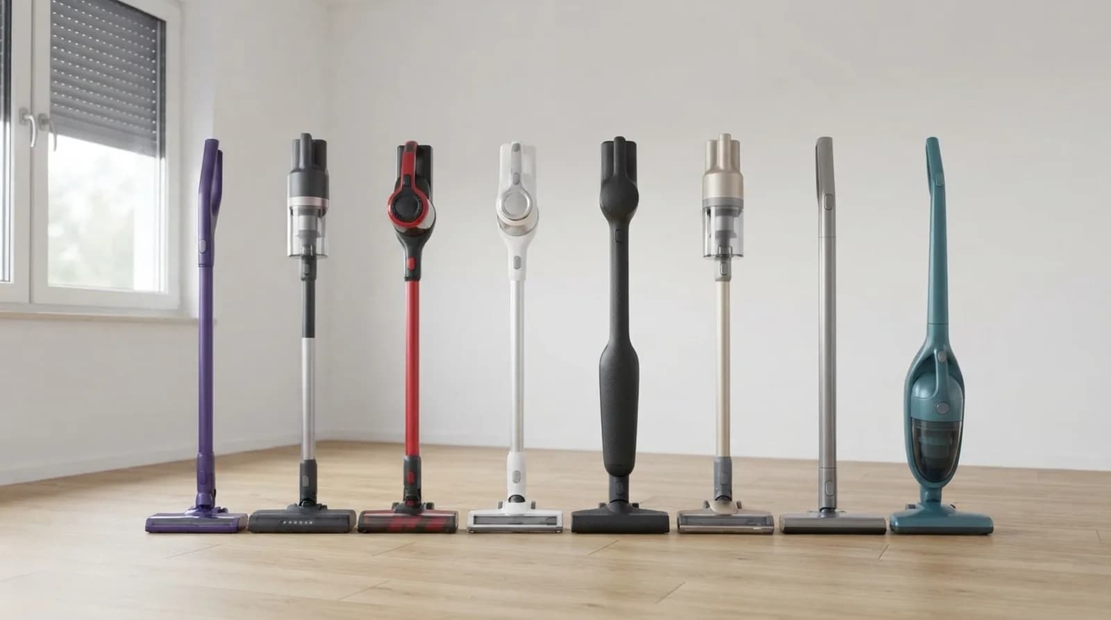 Neun Akkusauger stehen in einer Reihe auf hellem Laminat, der Vekto Stick als zweiter von links