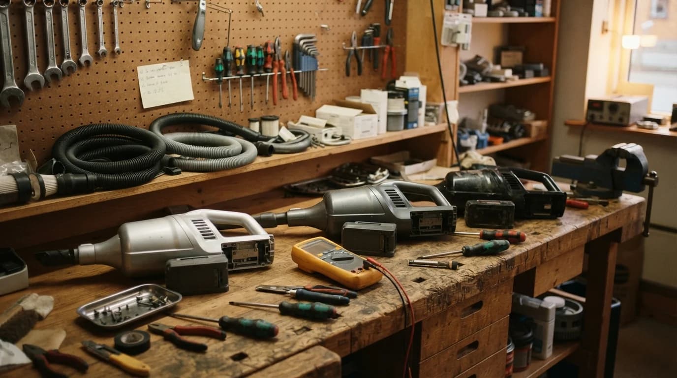 Arbejdsbænken i et lille støvsugerværksted med tre håndstøvsugere, hvor batterierne er taget ud, et multimeter og værktøj