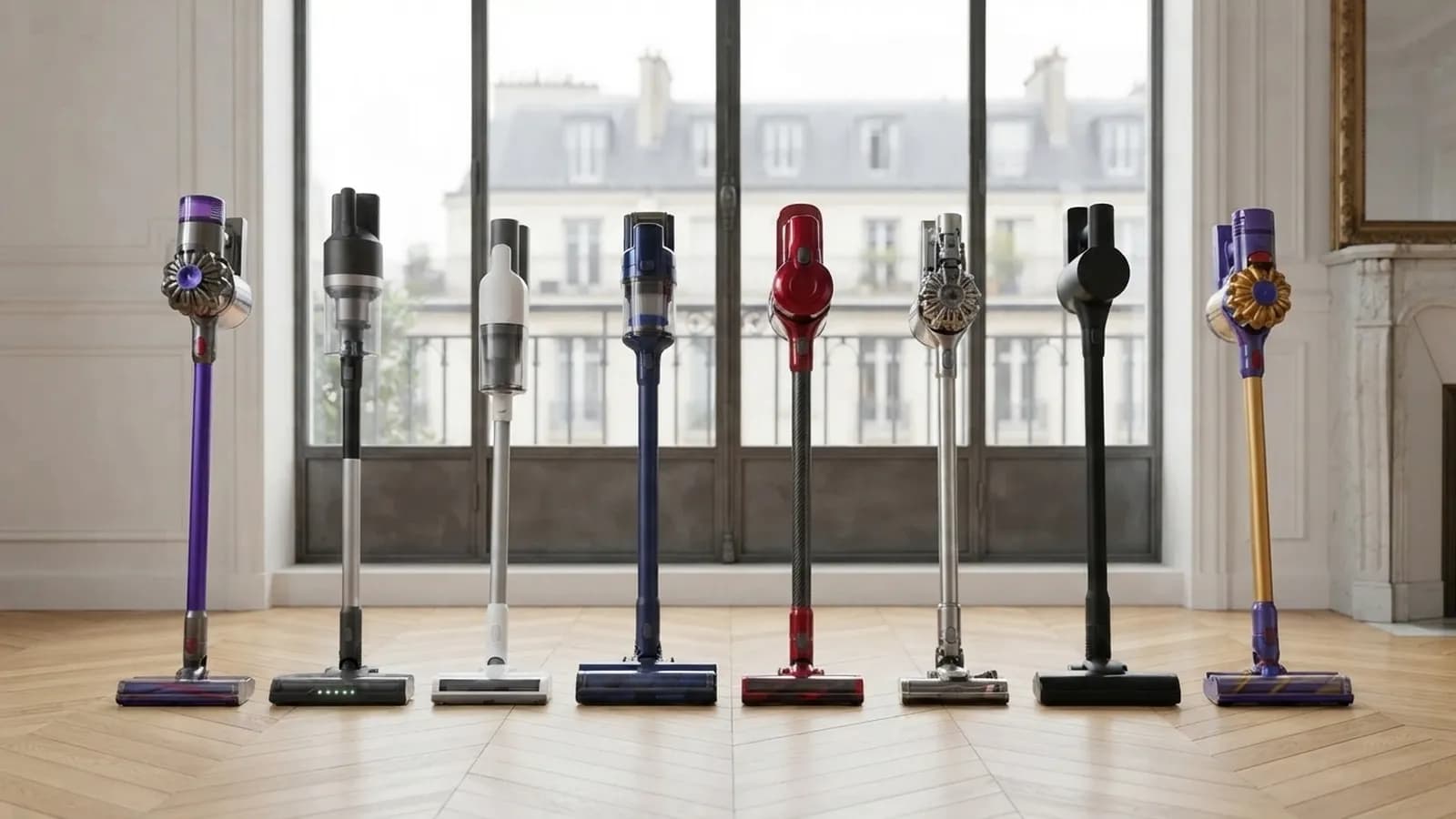 Huit aspirateurs balais debout en rang sur un parquet, à la même échelle, le Vekto Stick en deuxième position
