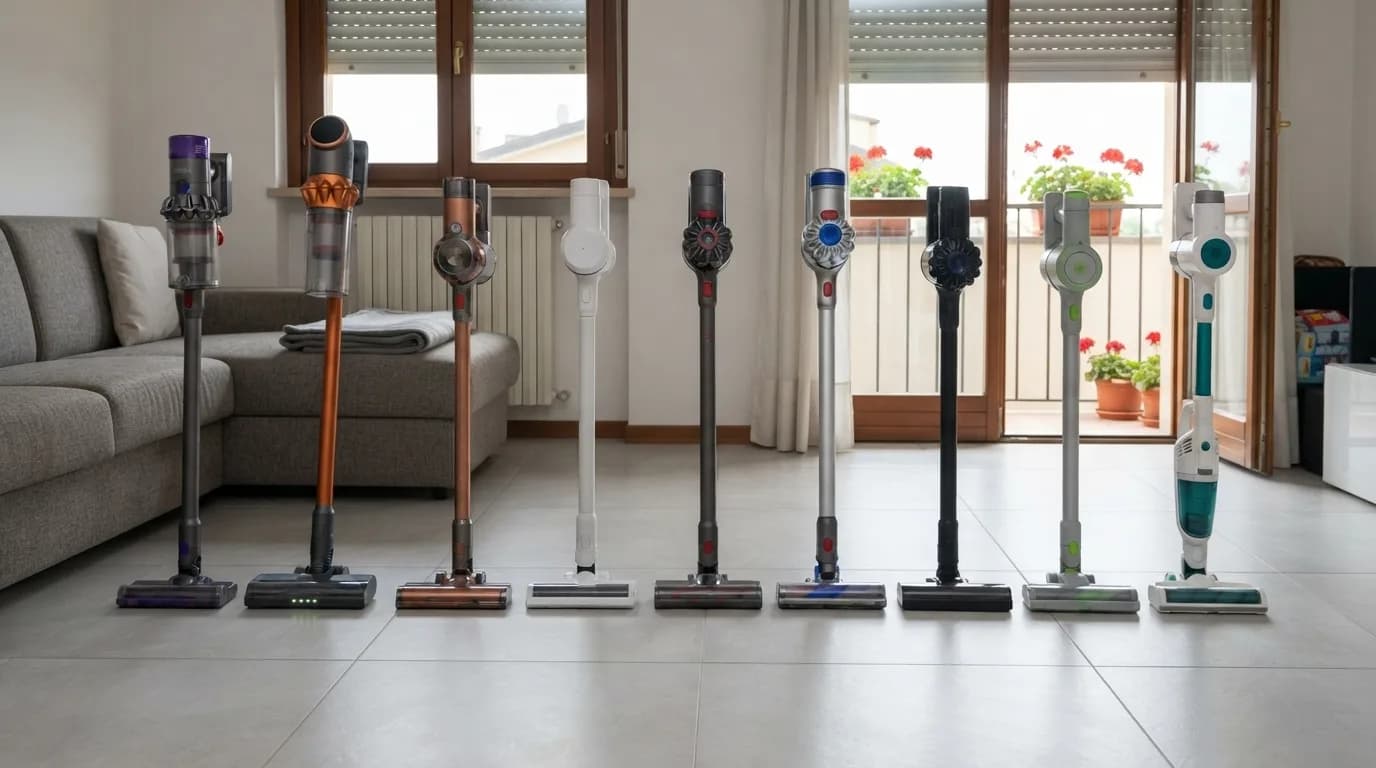 Nove scope elettriche senza fili in fila sul pavimento in gres di un soggiorno, con divano grigio, tapparelle e un balcone con gerani, la Scopa elettrica Vekto V18 arancione seconda da sinistra