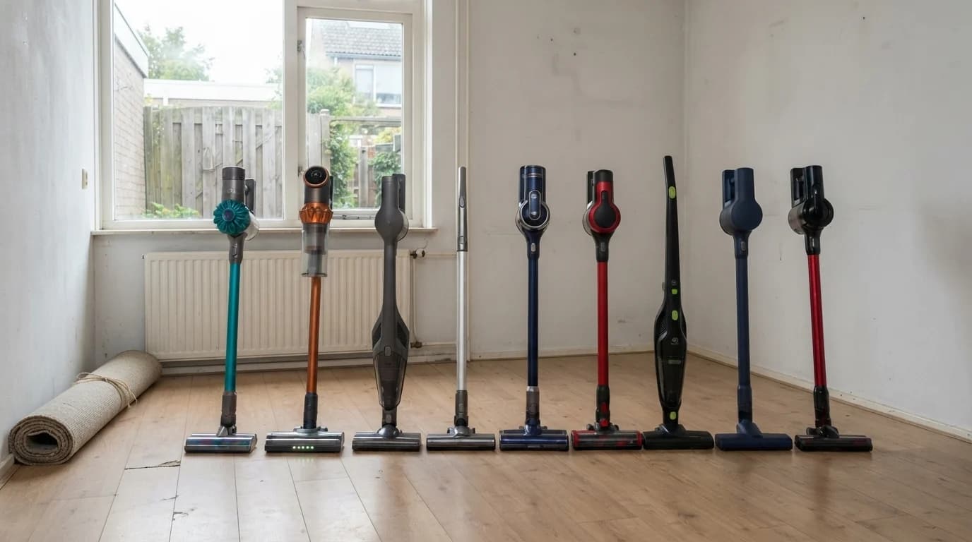 Negen steelstofzuigers staan op een rij op een lichte pvc-vloer in een woonkamer met een raam naar de achtertuin, de Vekto V18 steelstofzuiger als tweede van links