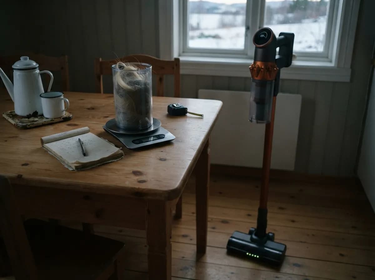 På et furubord står en kjøkkenvekt med en gjennomsiktig beholder full av støv og hår, ved siden av en notatbok, et målebånd og en emaljert kaffekjele, mens Vekto V18 står av seg selv på gulvet