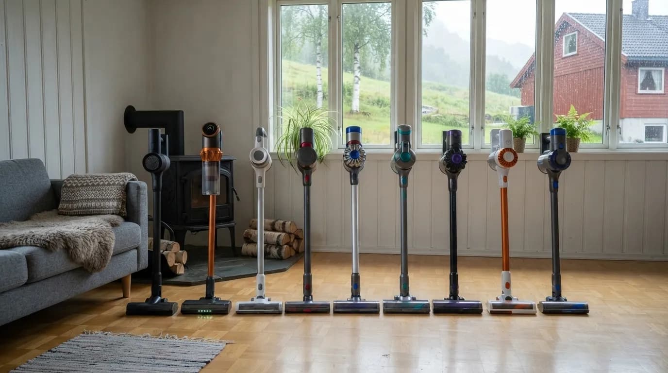 Ni trådløse støvsugere står på rad på et eikeparkettgulv i en stue med panelvegger, vedovn og grå sofa med saueskinn, og et rødt trehus utenfor vinduet. Den oransje Vekto V18 står som nummer to fra venstre
