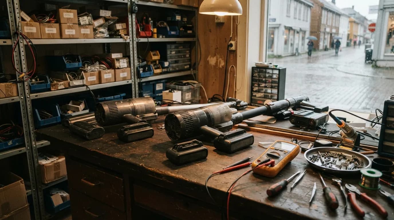 En arbeidsbenk i et lite reparasjonsverksted med tre trådløse støvsugere som er skrudd fra hverandre, batteriene tatt ut, et multimeter, skrutrekkere og en loddebolt