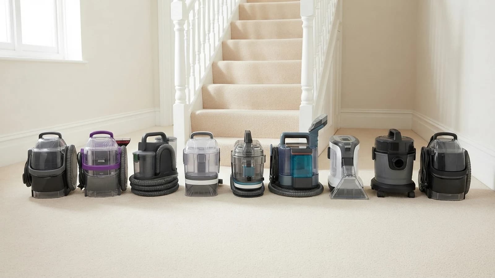 Nine portable spot cleaners standing in a row on a cream stair carpet in a hallway at the same scale, the Vekto Spot Cleaner P30 third from left