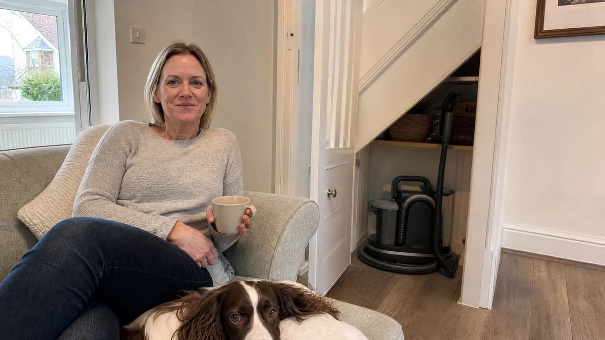 A woman on a clean grey fabric sofa in a bright Stockport lounge, a spaniel at her feet. Behind her the hall cupboard is open with the Vekto Spot Cleaner P30 inside