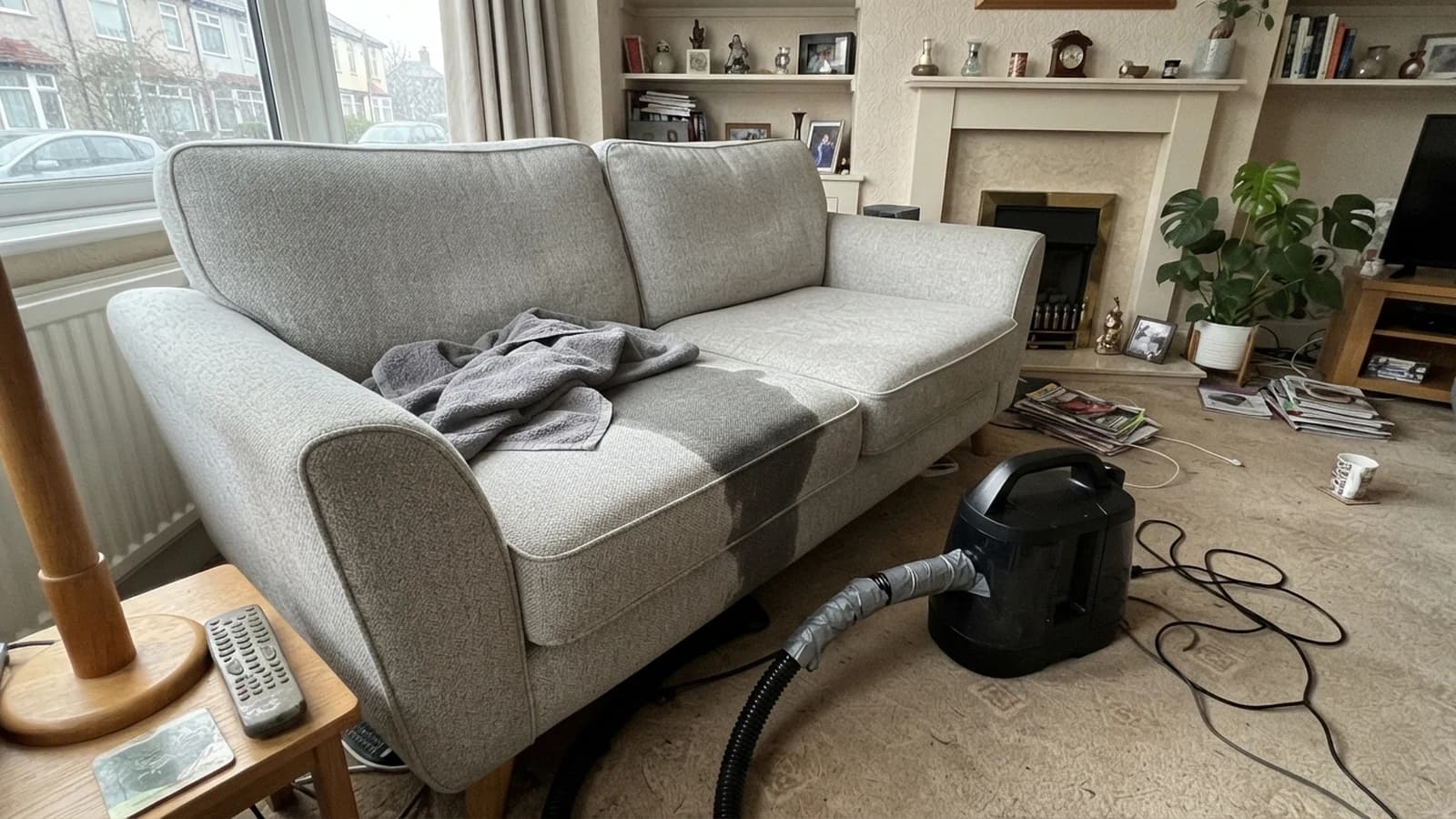 A grey fabric sofa cushion in a Stockport lounge with a dark wet patch and a towel over it. A spot cleaner with a taped hose on the floor beside it