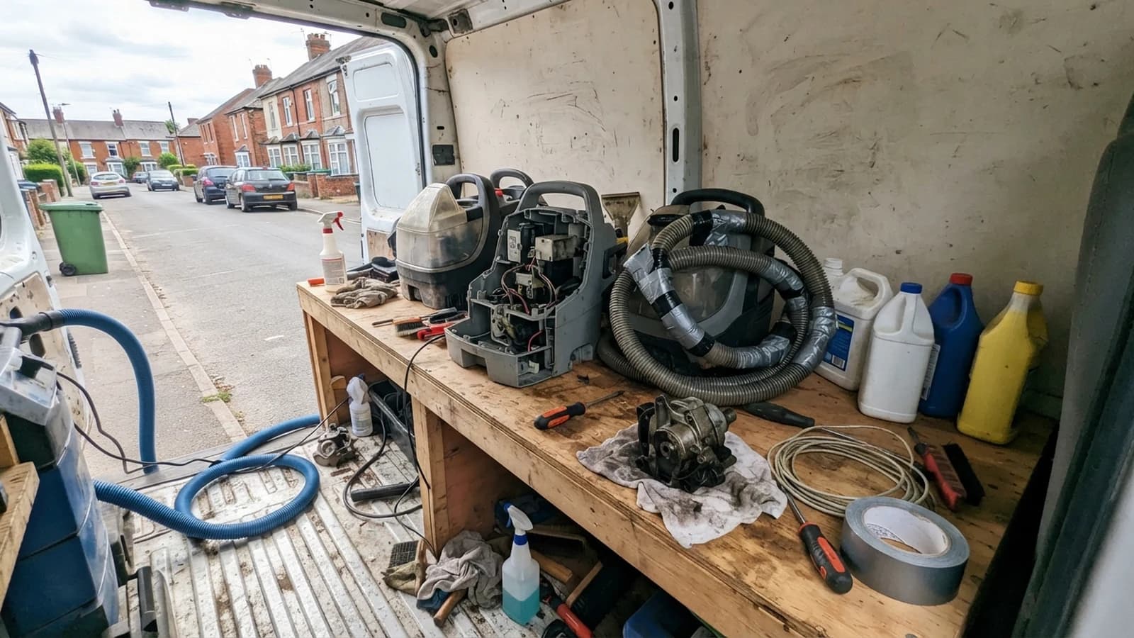 The workbench of a carpet cleaner's van with three portable spot cleaners lying open, their hoses split and taped, one pump removed