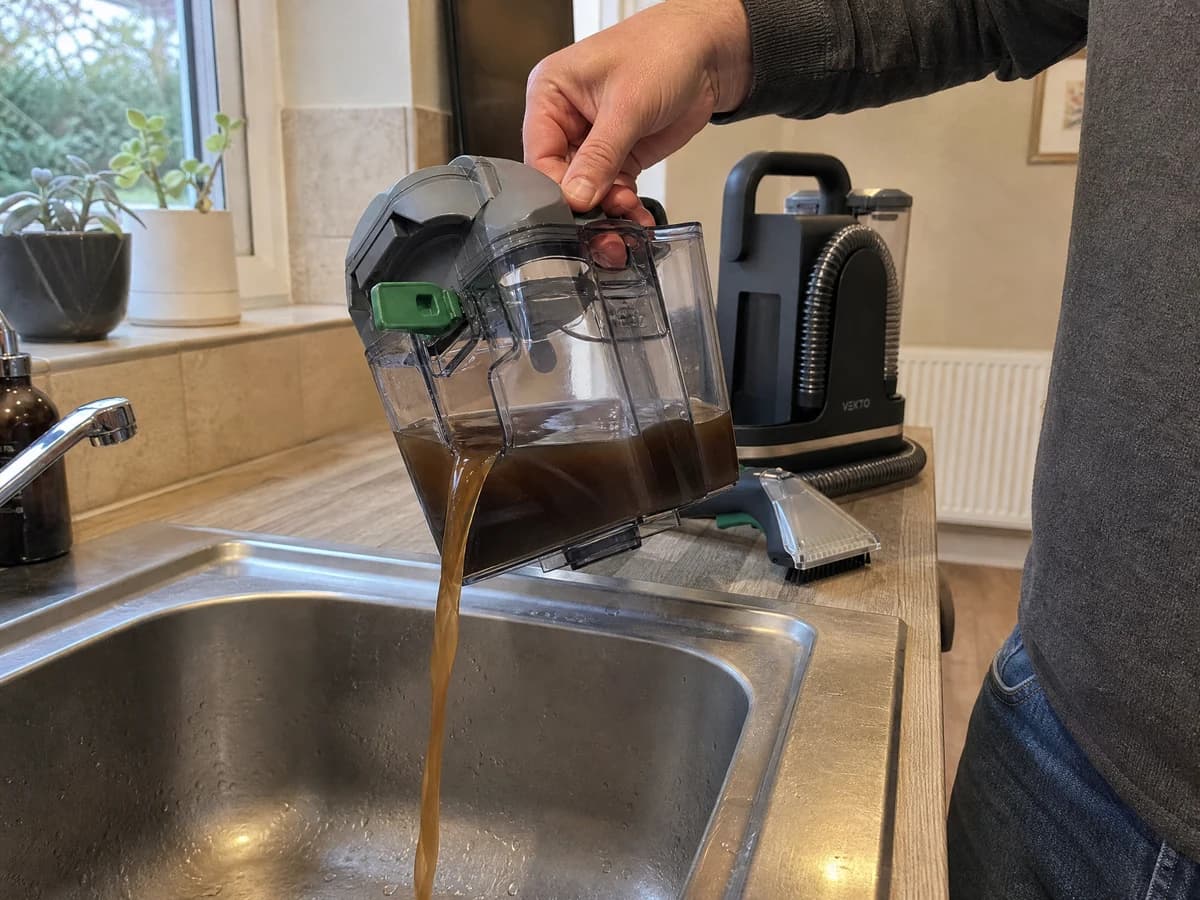 The Vekto Spot Cleaner P30 dirty tank lifted off the body and held over a kitchen sink, dark brown water pouring out