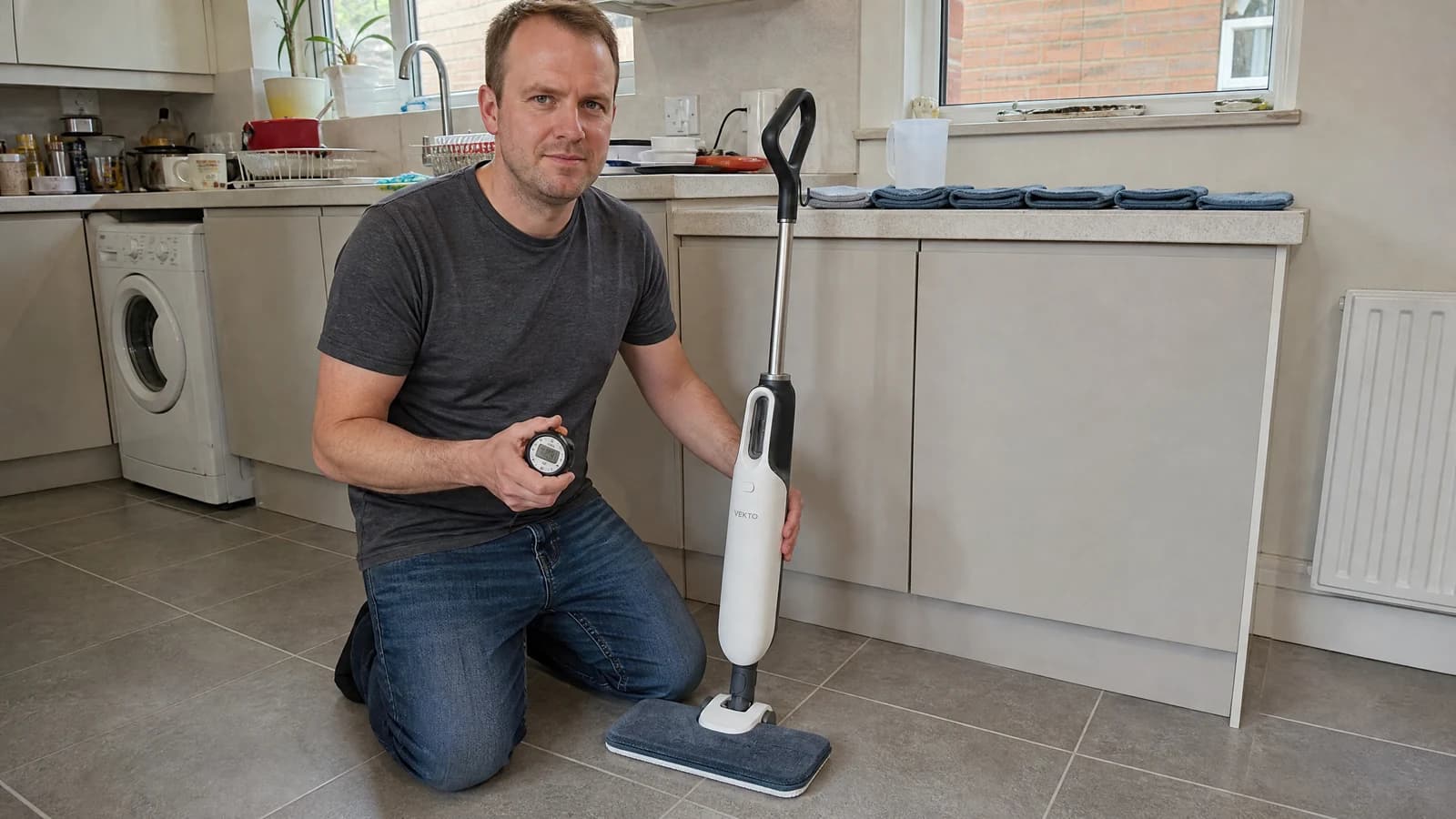 A tester kneeling on a tiled kitchen floor holding a stopwatch beside a steam mop head, a measuring jug and a row of microfibre pads on the worktop behind