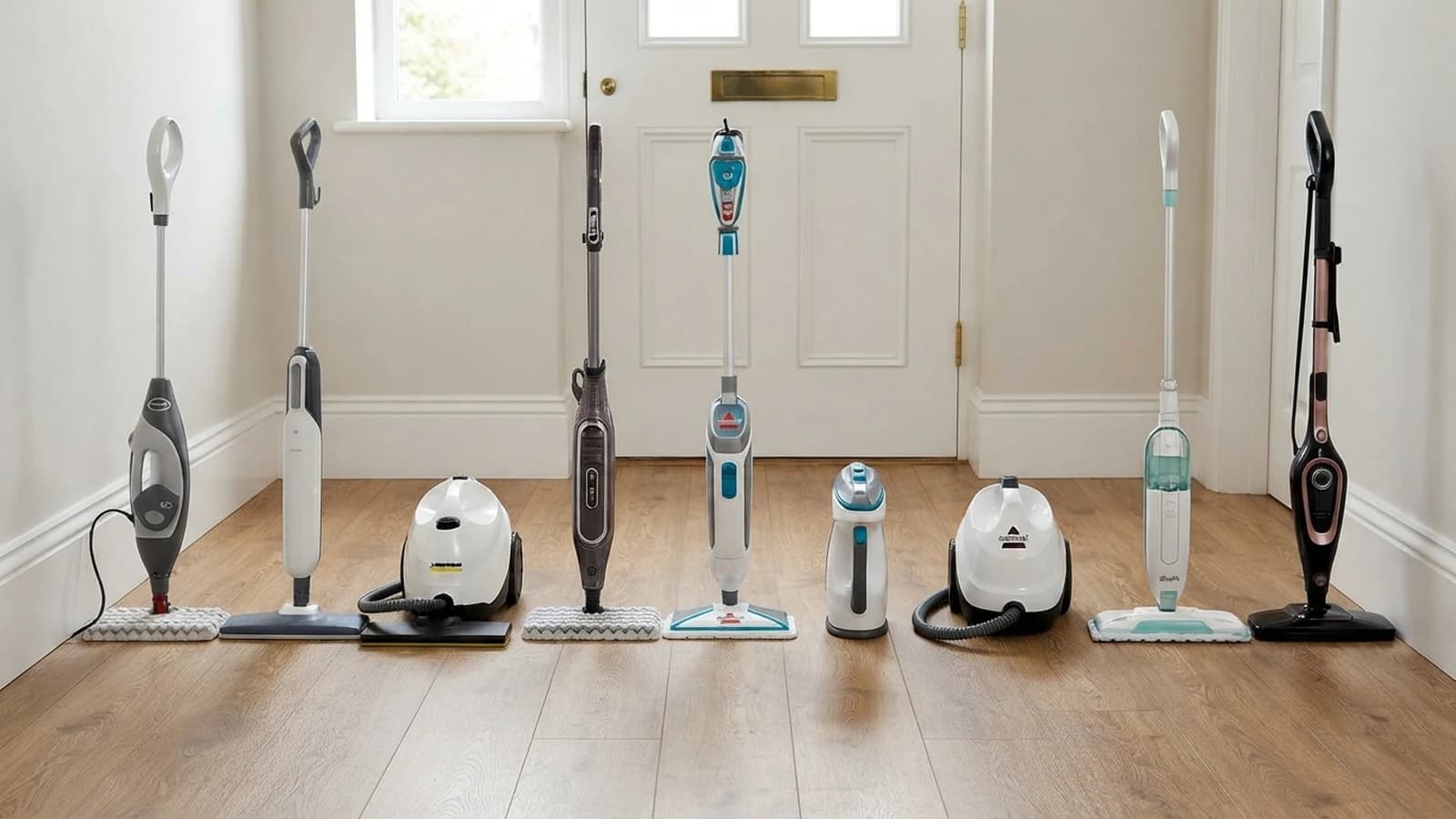 Nine steam mops in a row on a laminate hallway floor at the same scale, the Vekto Steam Mop S20 second from left with its handheld lifted out