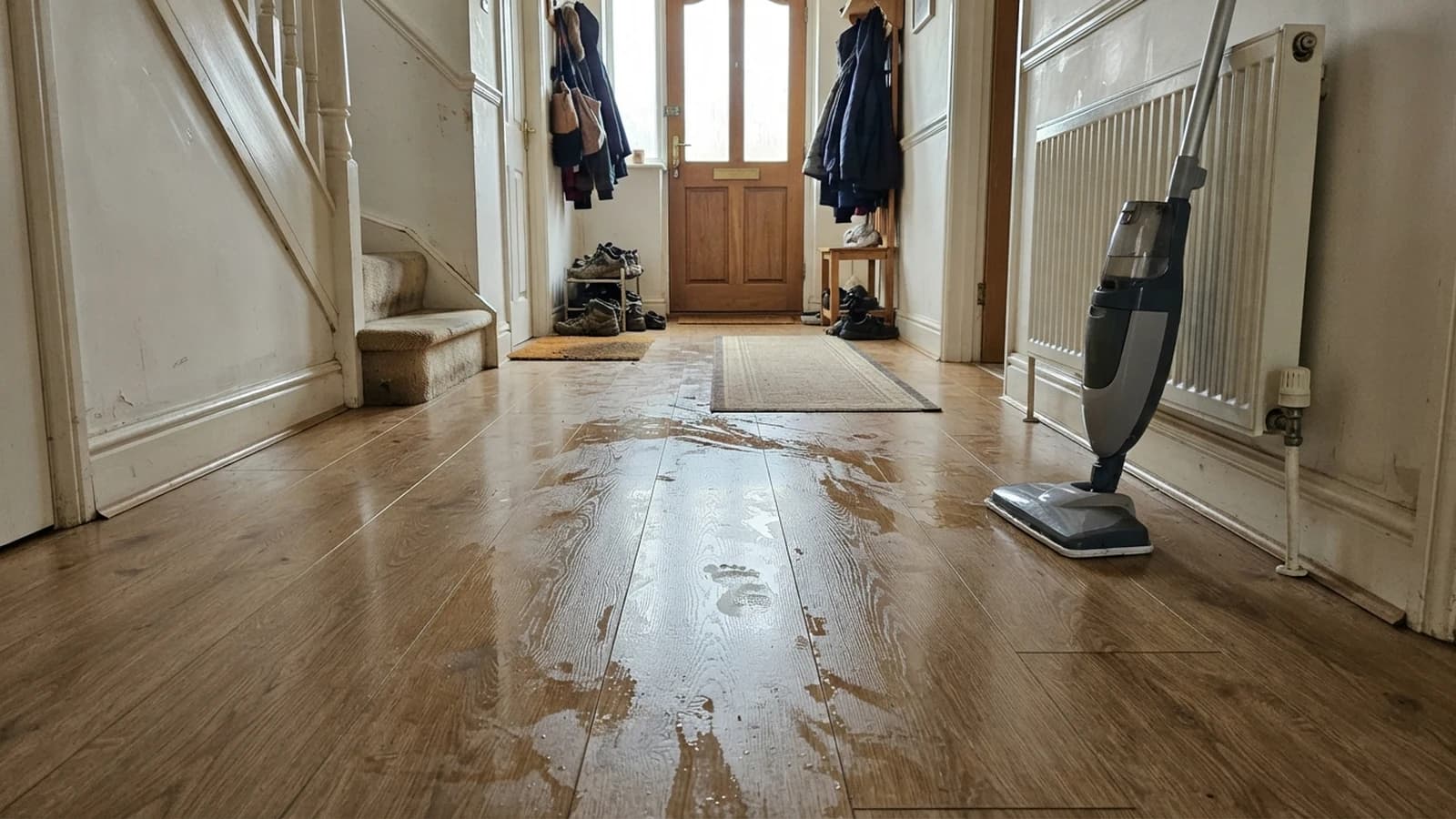 A wet laminate hallway floor with streaks drying in the light and a child's sock print across it, a steam mop leaning against the wall