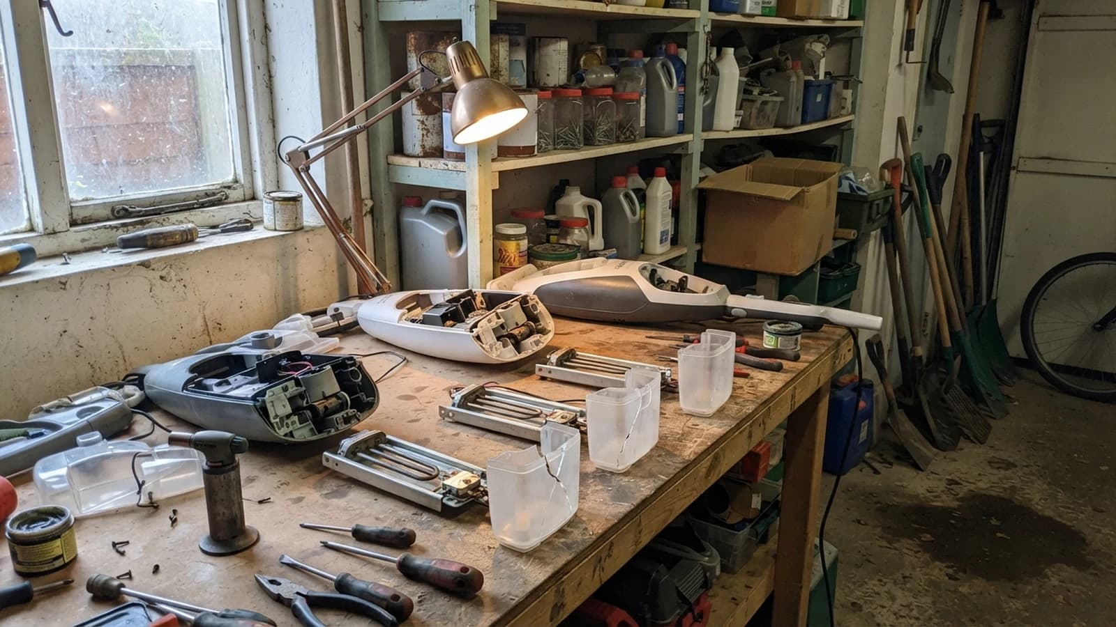 A workbench with three steam mops opened up, their heating elements and water tanks laid out in a row, one tank cracked