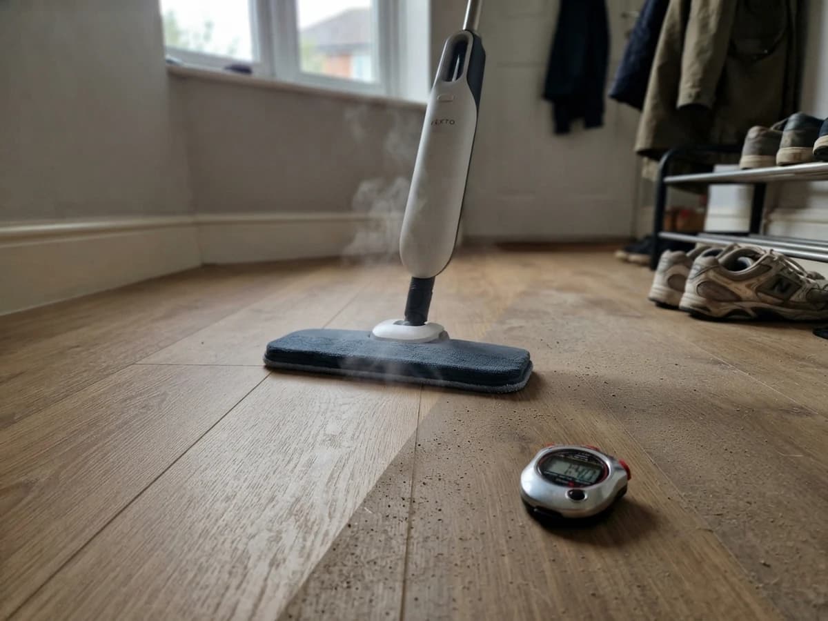 Close-up of a laminate hallway floor half-mopped by the Vekto Steam Mop S20, the mopped side already dry and matt, a stopwatch on the floor showing one minute forty