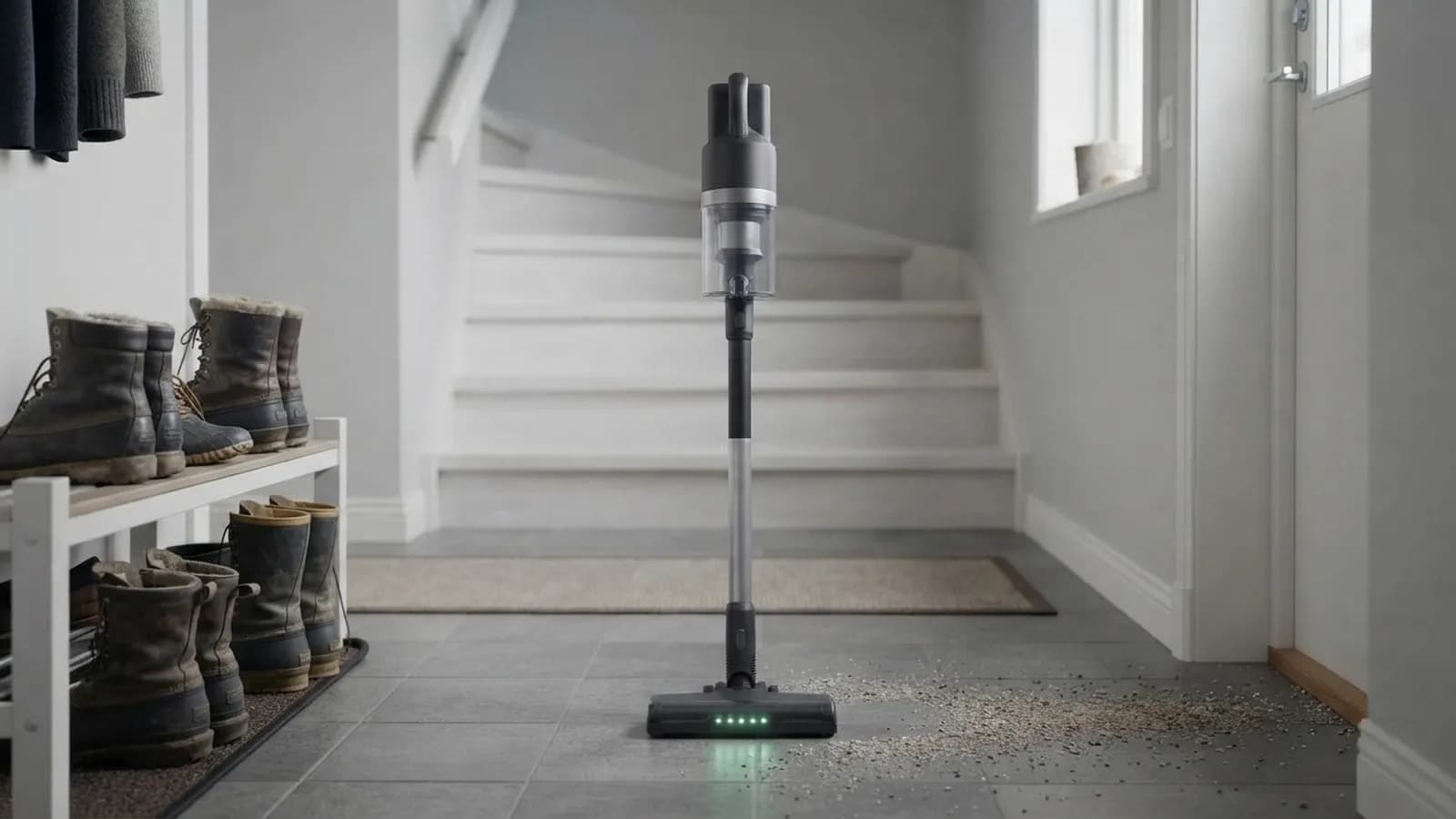 Vekto Stick står själv i en hall med klinker och grus vid dörren, lamporna tända, trappan bakom