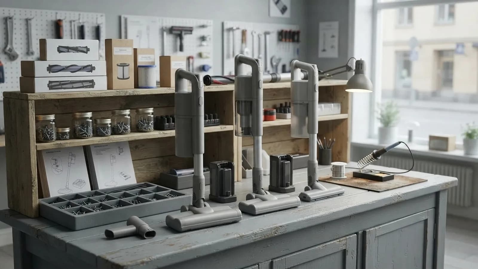 En disk i en liten reparationsverkstad med tre skaftdammsugare vars batterier har tagits ur