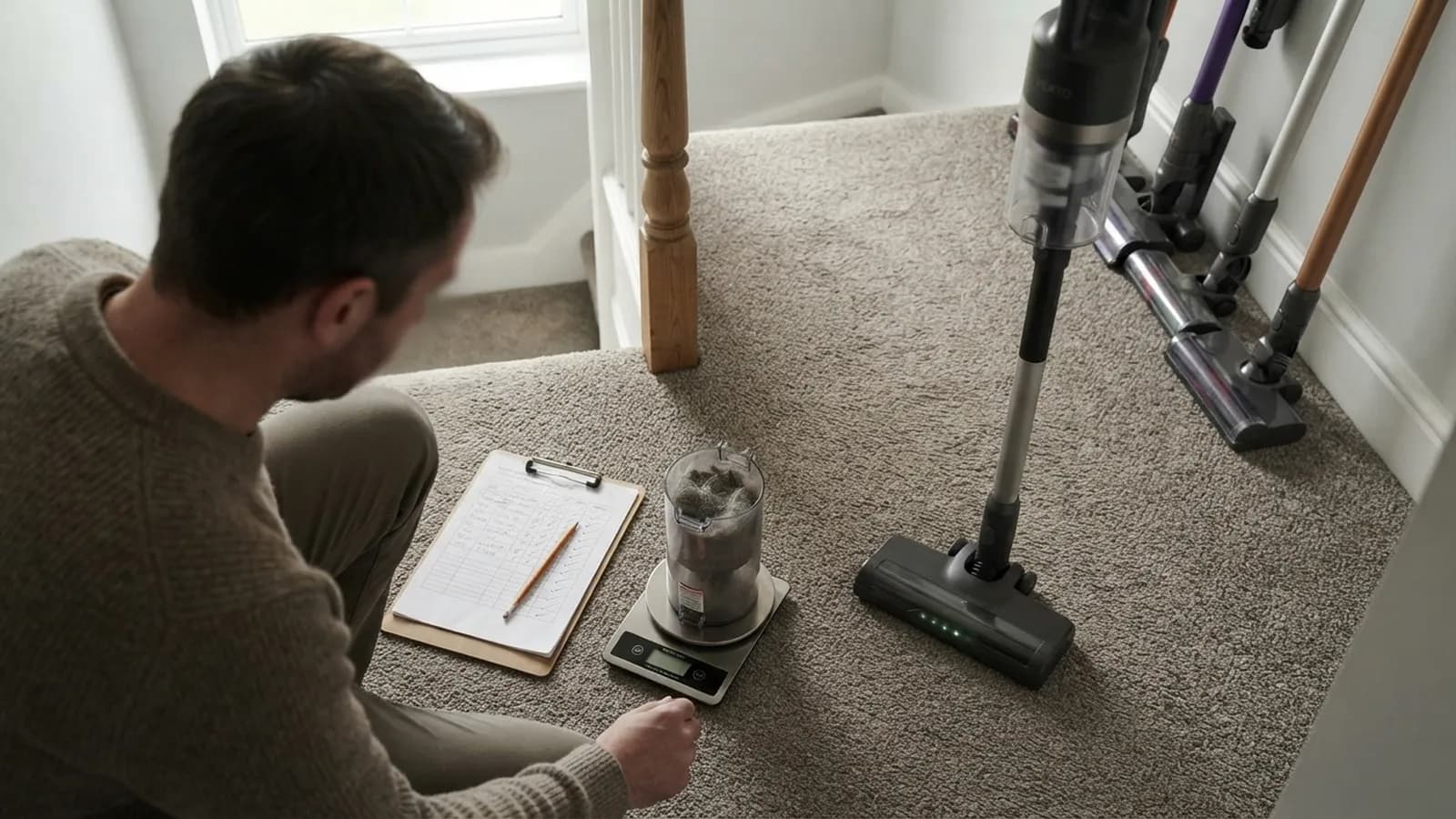 A tester kneeling on a landing carpet weighing a vacuum bin of dust on a kitchen scale, the Vekto Stick standing beside him