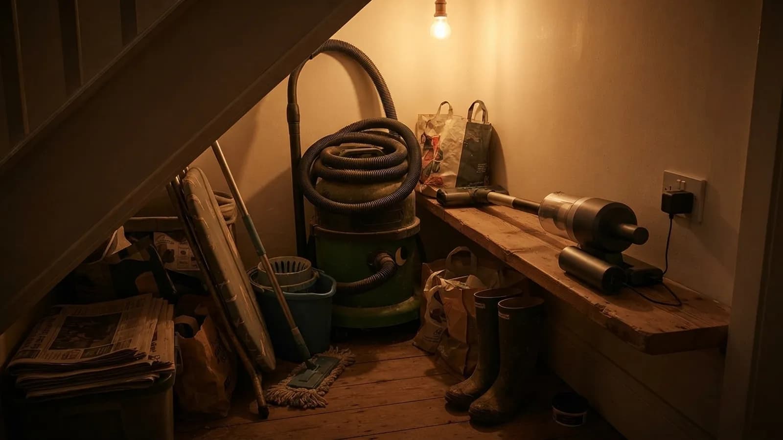 A cupboard under the stairs with an old corded cylinder vacuum pushed to the back and a cordless stick with its battery removed