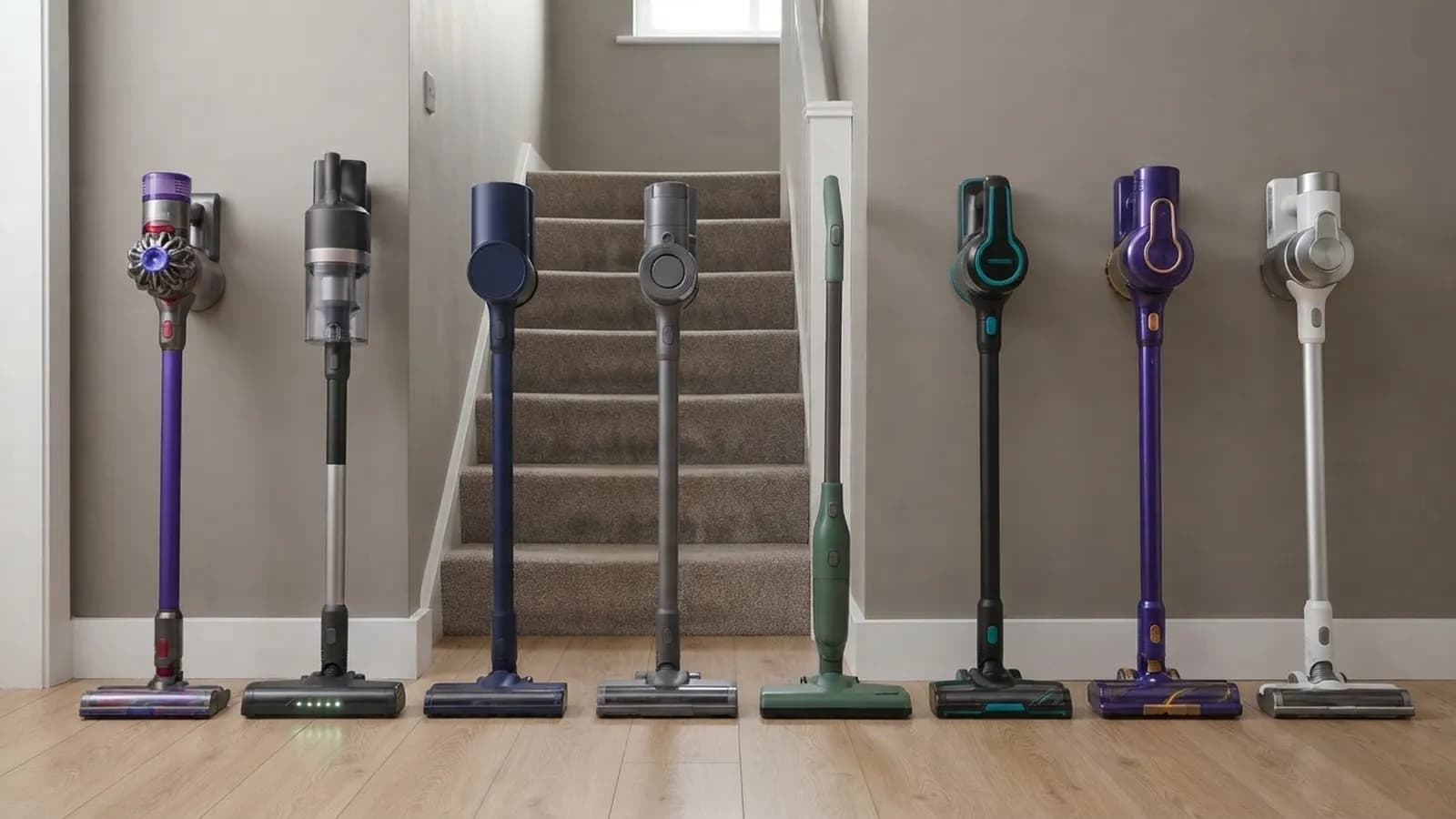 Eight cordless vacuums standing in a row in a hallway at the same scale, the Vekto Stick second from left