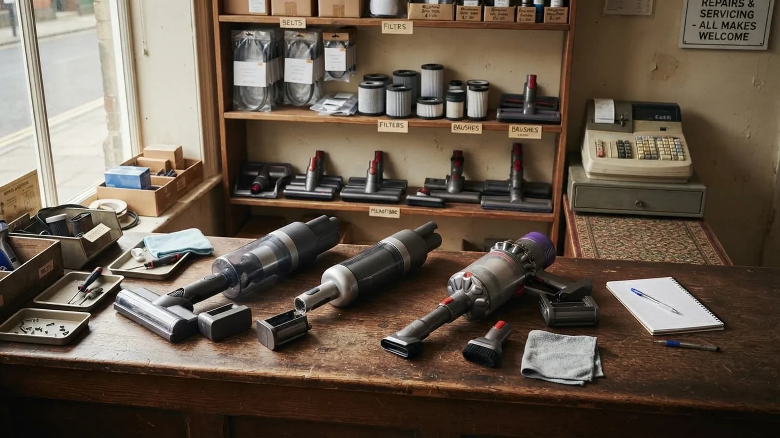 The counter of a small vacuum repair shop with three cordless sticks lying with their battery packs removed