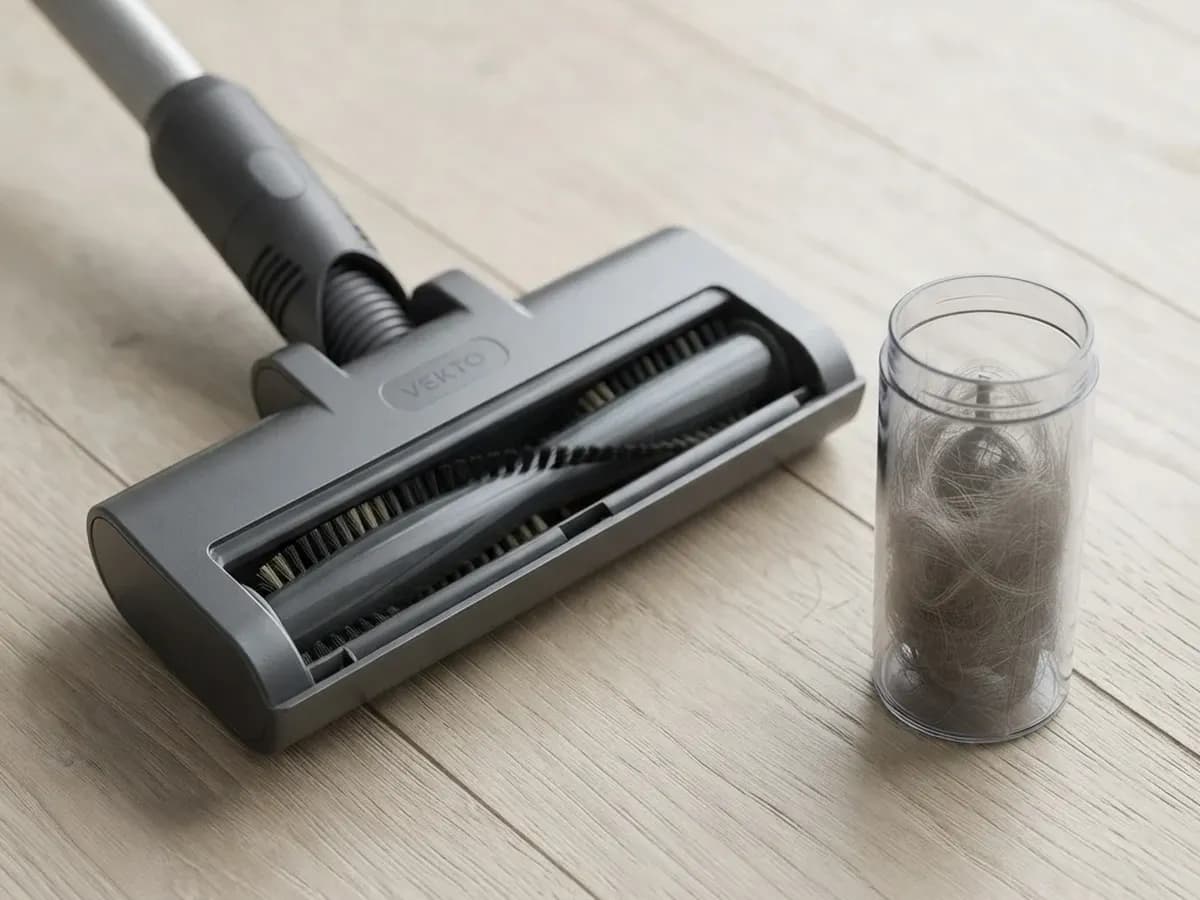 The Vekto floor head roller clean after a week of dog hair, with a small pot of the collected hair beside it