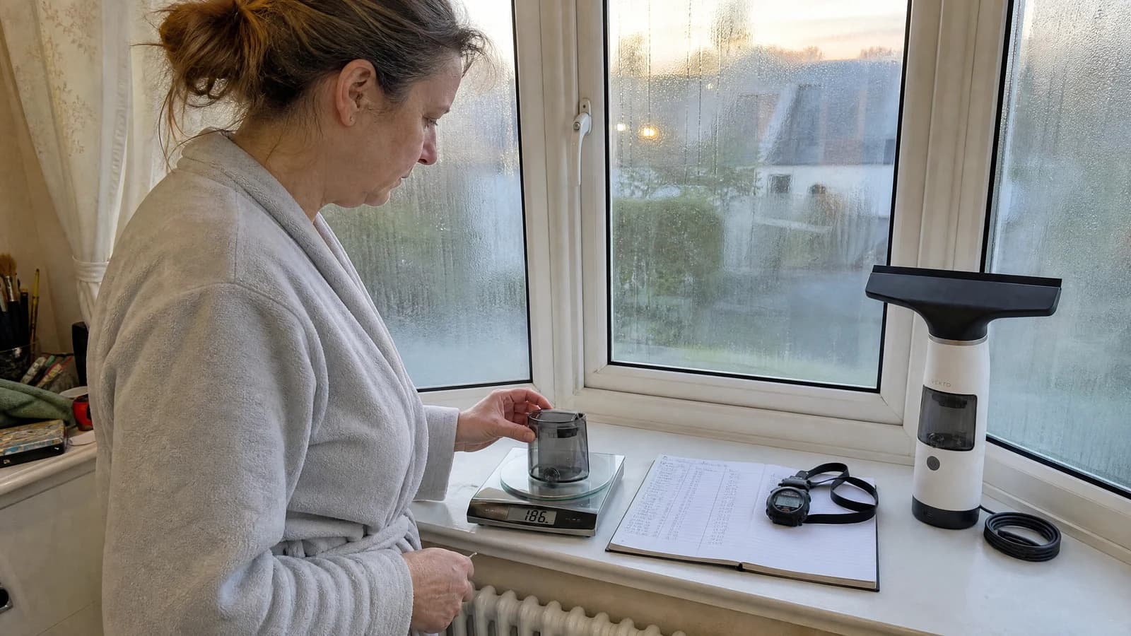 A tester in a dressing gown weighing a window vac tank on a kitchen scale on a bay window sill at dawn, a notebook and a stopwatch beside it, the Vekto Window Vac W10 standing on the sill