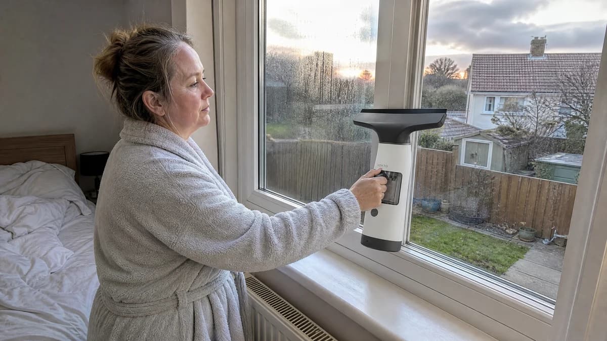 A woman in a dressing gown clearing a bedroom window with the Vekto Window Vac W10 at dawn, the cleared half of the pane showing the garden, a dry white sill below