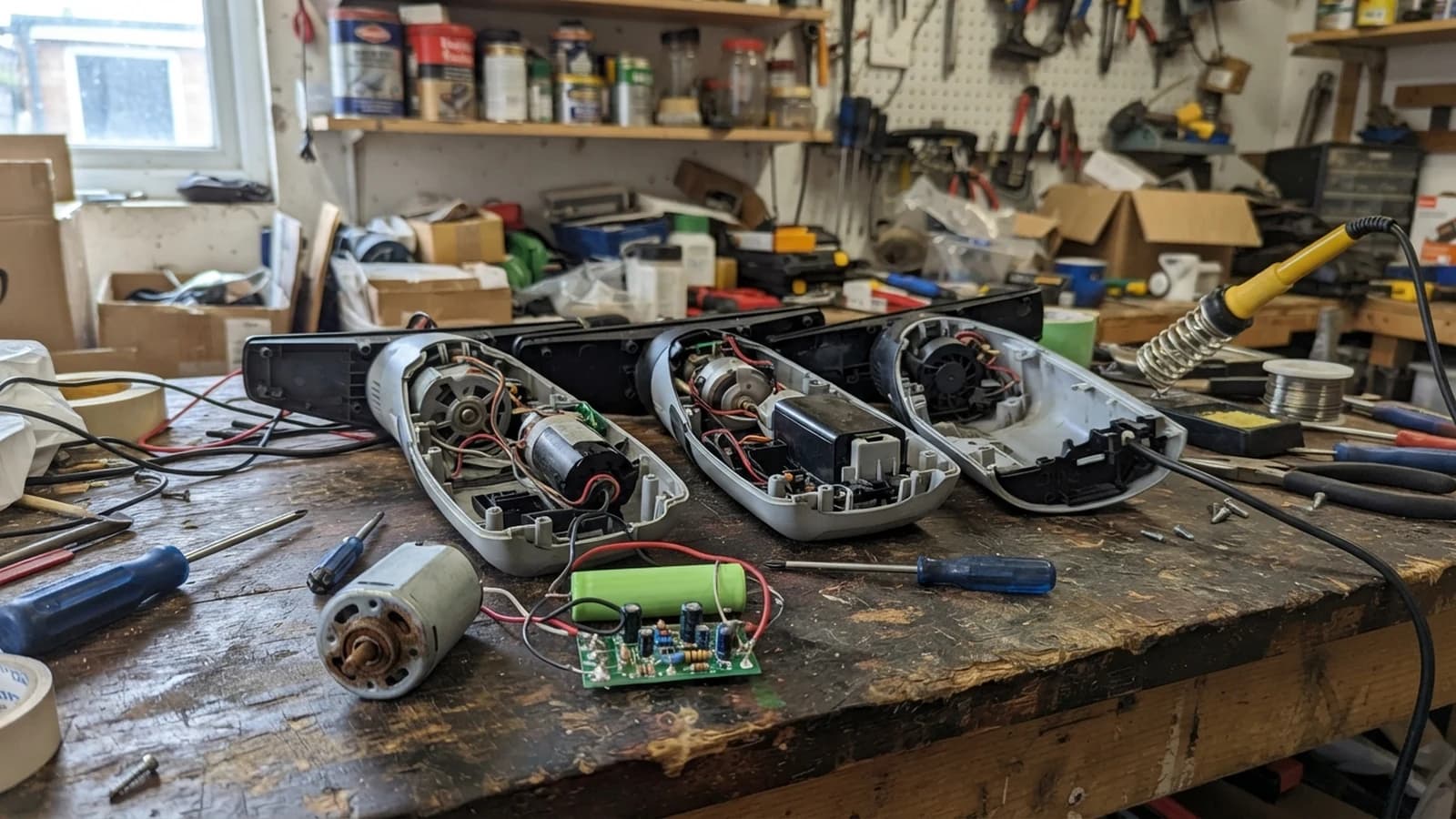 A workbench with three dead window vacs opened up, a rusted motor bearing and a battery cell soldered to a circuit board in the foreground