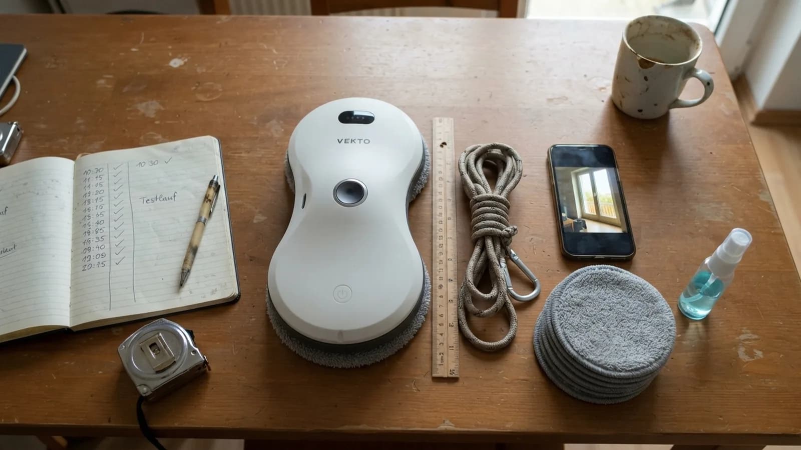 Ein Notizbuch mit Zeiten und Häkchen, ein Zollstock, ein Stapel Pads, eine Sprühflasche und der Vekto Fensterputzroboter mit Sicherungsseil auf einem Esstisch